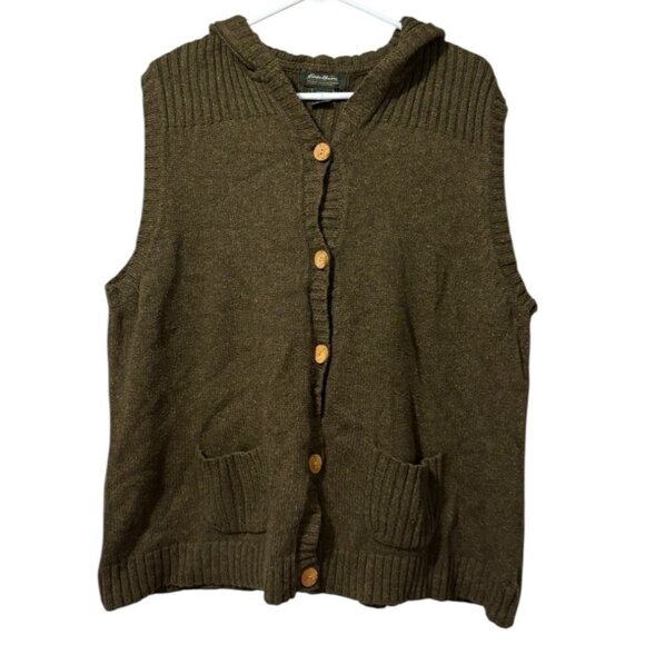 Eddie Bauer Women XXL Green Rabbit Hair Blend Knit Hooded Pocket Sweater Vest - Picture 1 of 14